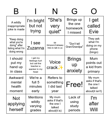 Parents evening Bingo Card