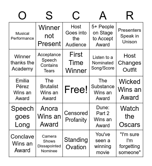 2025 Oscars Bingo Card