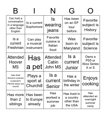 WCHS Spring Break Trip Bingo Card