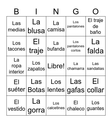 Ropa Bingo Card