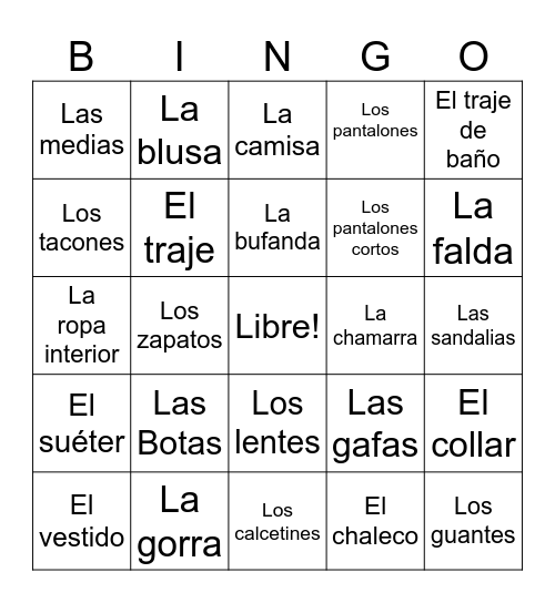 Ropa Bingo Card