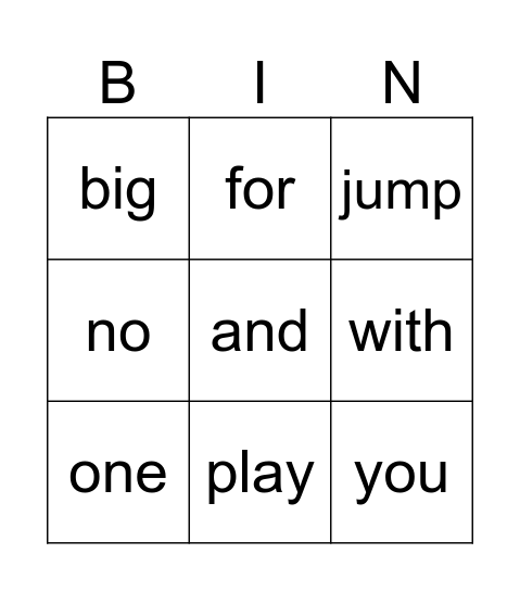Sight Word Bingo Card