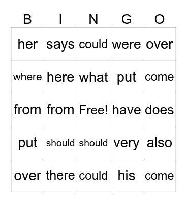 Trick Word Bingo Card