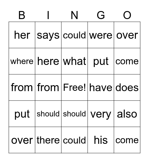 Trick Word Bingo Card