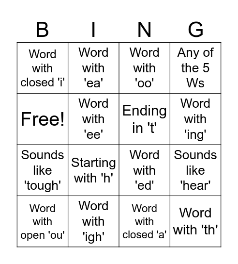 Beginner Pronunciation Bingo Card
