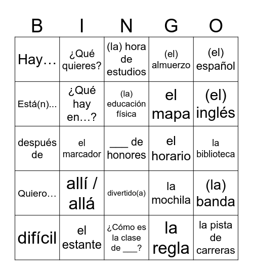 Los Horarios y La Escuela Bingo Card
