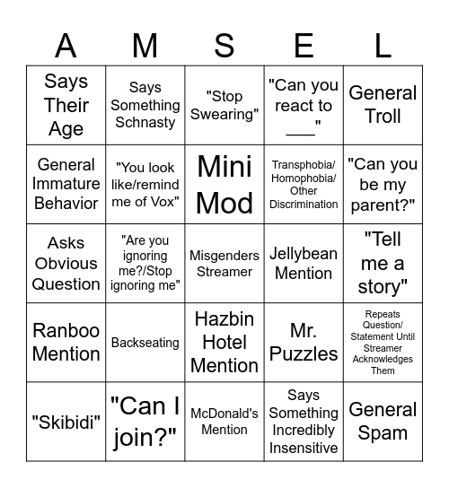 AmselTV TikTok Chat Cringe Bingo Card