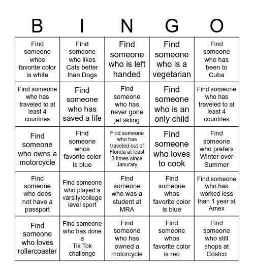 GET TO KNOW YOU Bingo Card