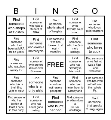 GET TO KNOW YOU Bingo Card