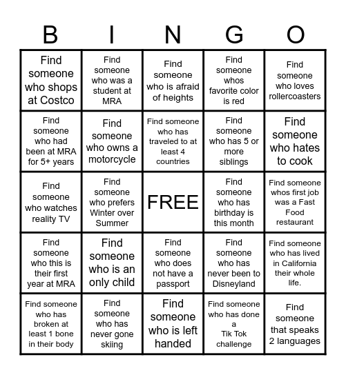 GET TO KNOW YOU Bingo Card