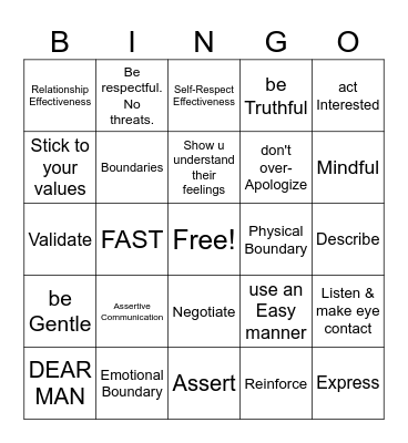 DBT Interpersonal Effectiveness Bingo Card