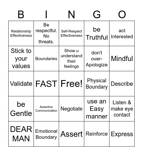 DBT Interpersonal Effectiveness Bingo Card