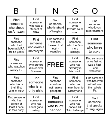 GET TO KNOW YOU Bingo Card