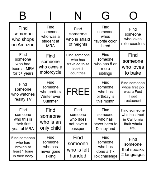 GET TO KNOW YOU Bingo Card
