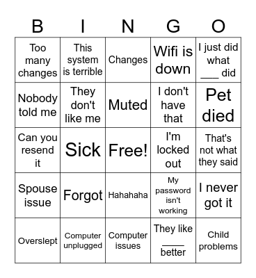 Excuses Bingo Card