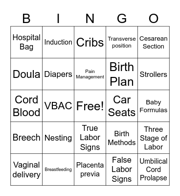 Prep for Labor and Delivery Bingo Card