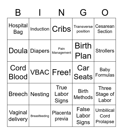 Prep for Labor and Delivery Bingo Card
