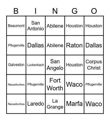 Texas Cities Bingo Card