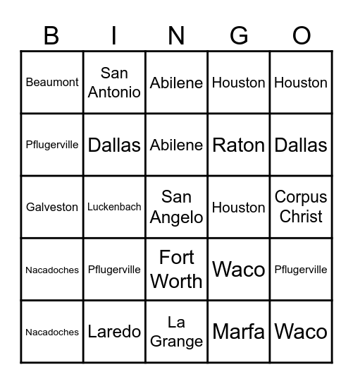 Texas Cities Bingo Card