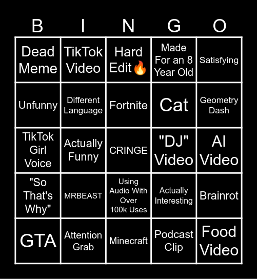 YouTube Shorts Bingo Card