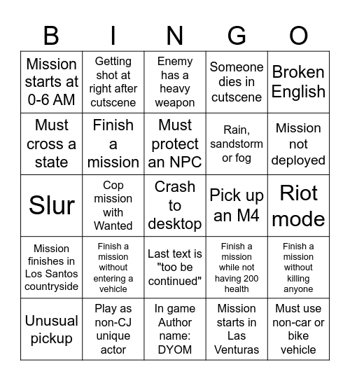 DYOM Bingo Card