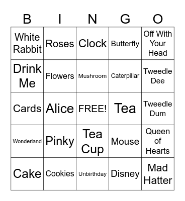 Alice in Wonderland Bingo Card