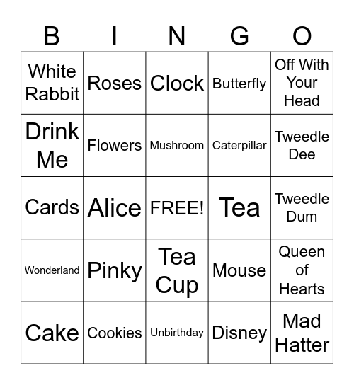 Alice in Wonderland Bingo Card
