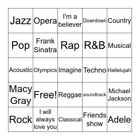 Musical Bingo Card