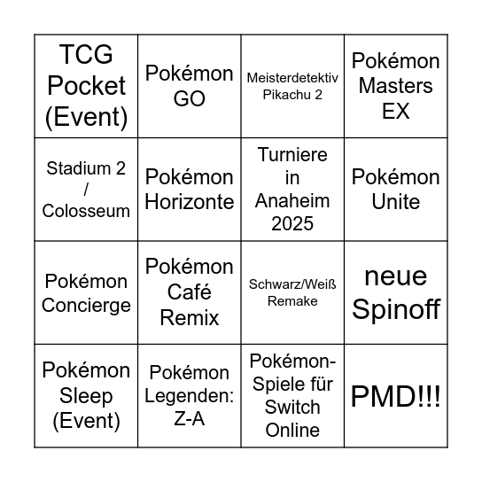 Pokémon Presents 2025 Bingo Card