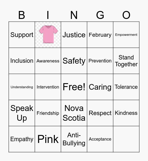 Pink Shirt Day Bingo Card