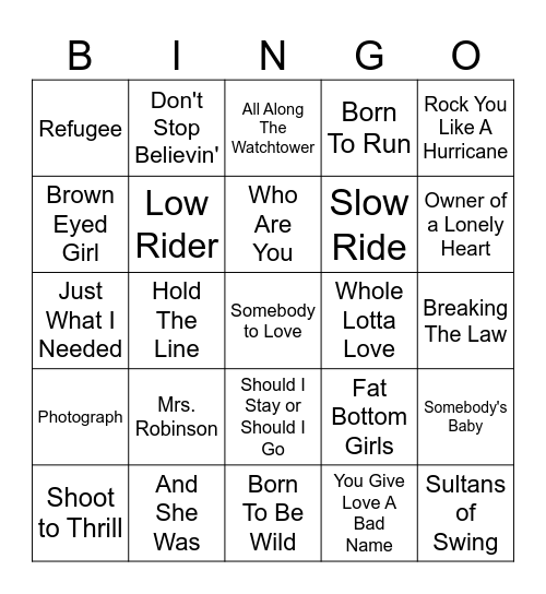 Classic Rock Bingo Card