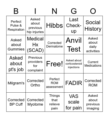 Sim Center Bingo Card