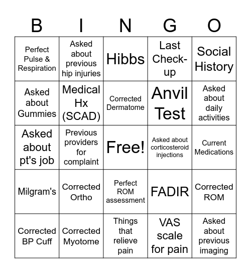 Sim Center Bingo Card