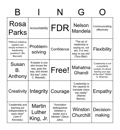 Leadership Bingo Card