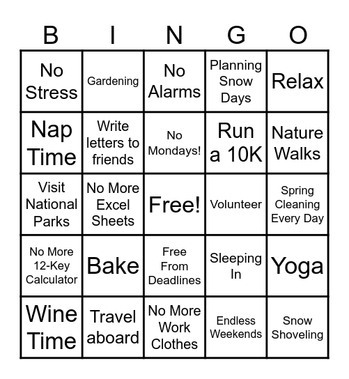 Jennifer's Retirement Bingo Card