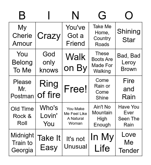 60s & 70s Bingo Card