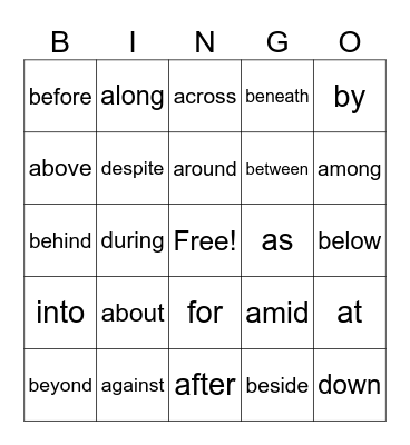 Prepositions Bingo Card