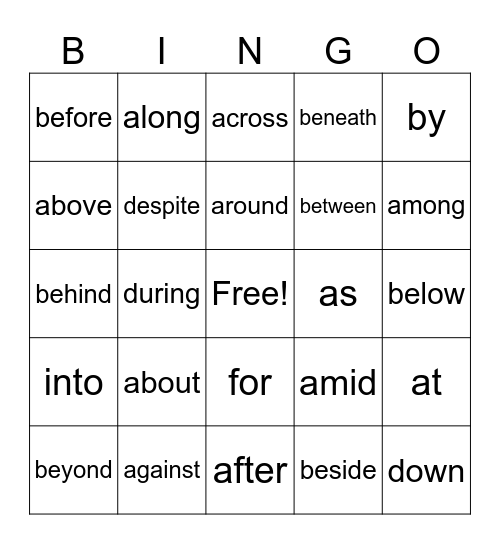 Prepositions Bingo Card