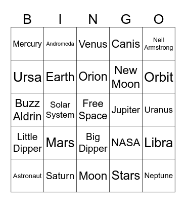 Space Cadets Bingo Card