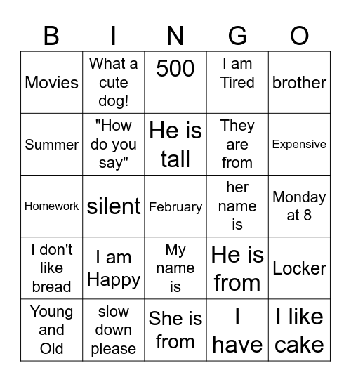 Vocabulario de  Español   Bingo Card