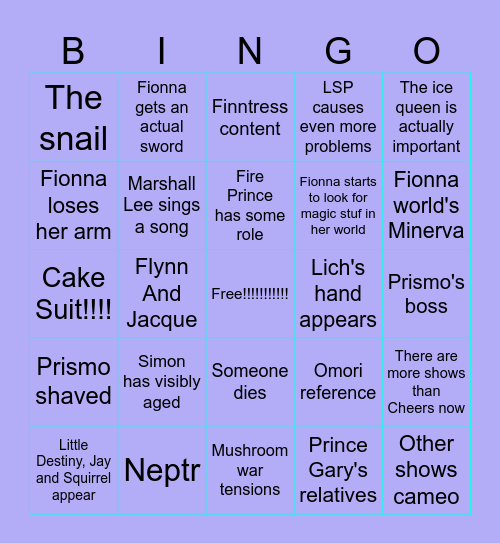 Fionna & Cake Season 2 Bingo Card
