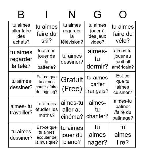 Français 1 Bingo Card