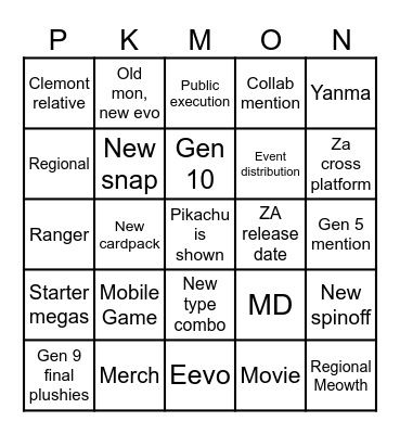 Pokemon Presents Bingo Card
