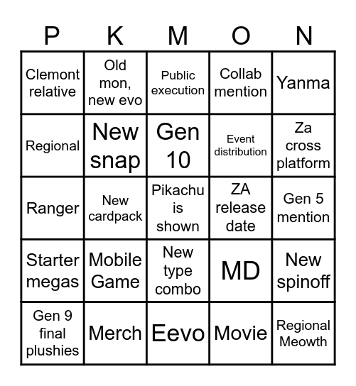 Pokemon Presents Bingo Card