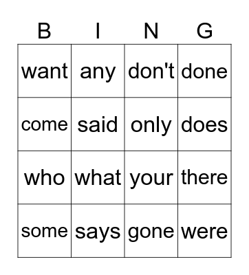 Heart Word Bingo Card