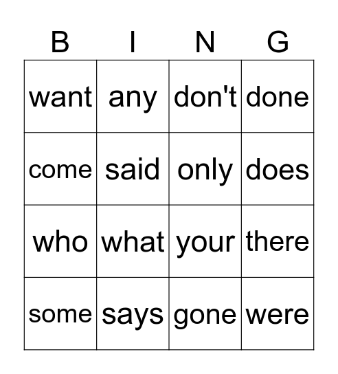 Heart Word Bingo Card