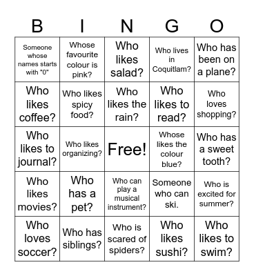 Get to know you Bingo Card