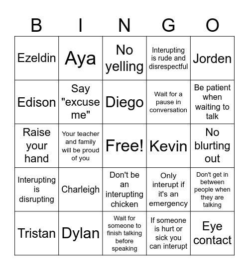 Interupting Bingo Card