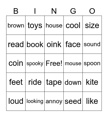 Valentina's Magic E, ee, ea, oo, oy, oi, ou, ow Bingo Card