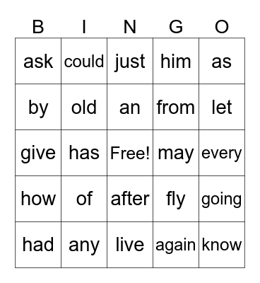 dolch sight words Bingo Card